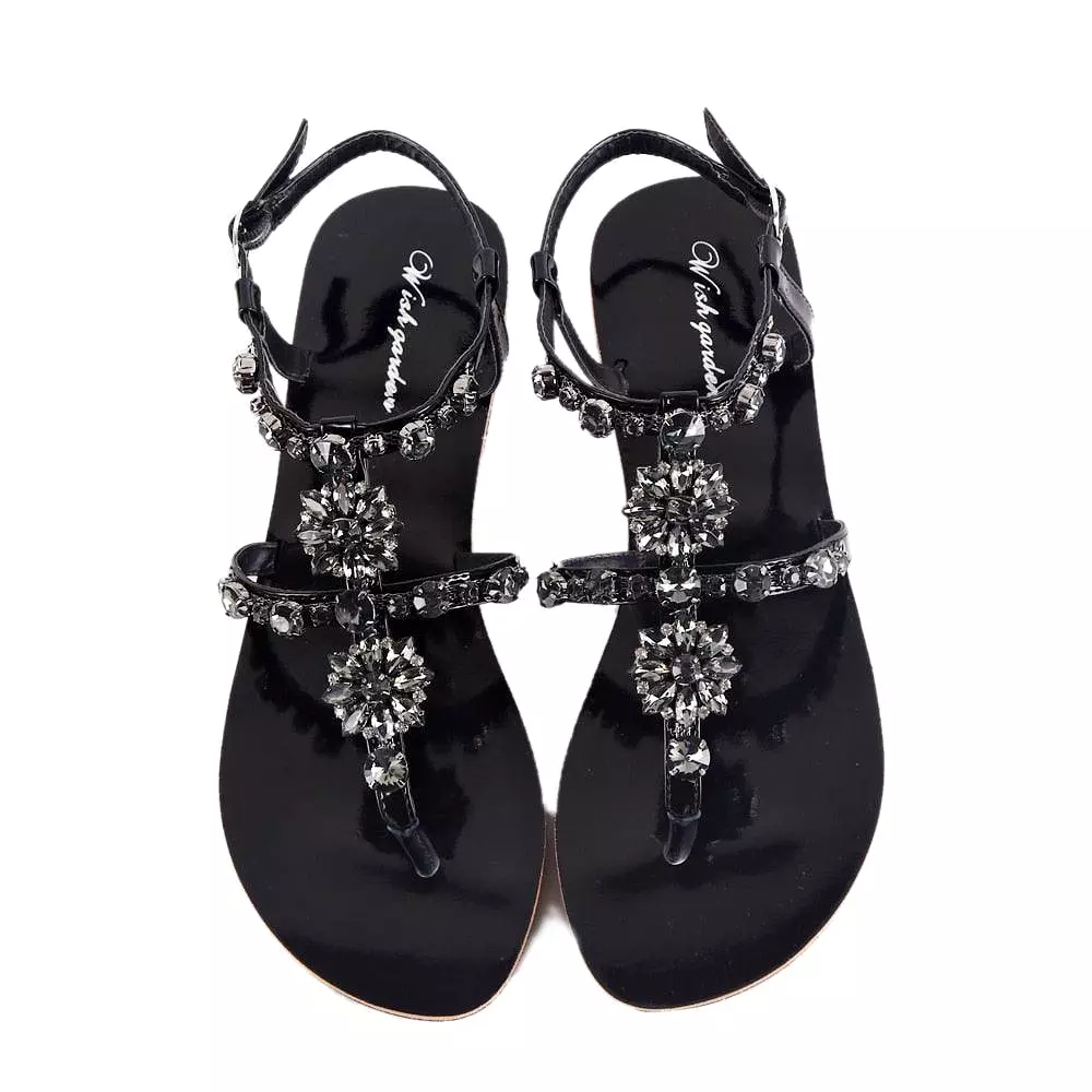 Rhinestone T-Strap Flat Sandals