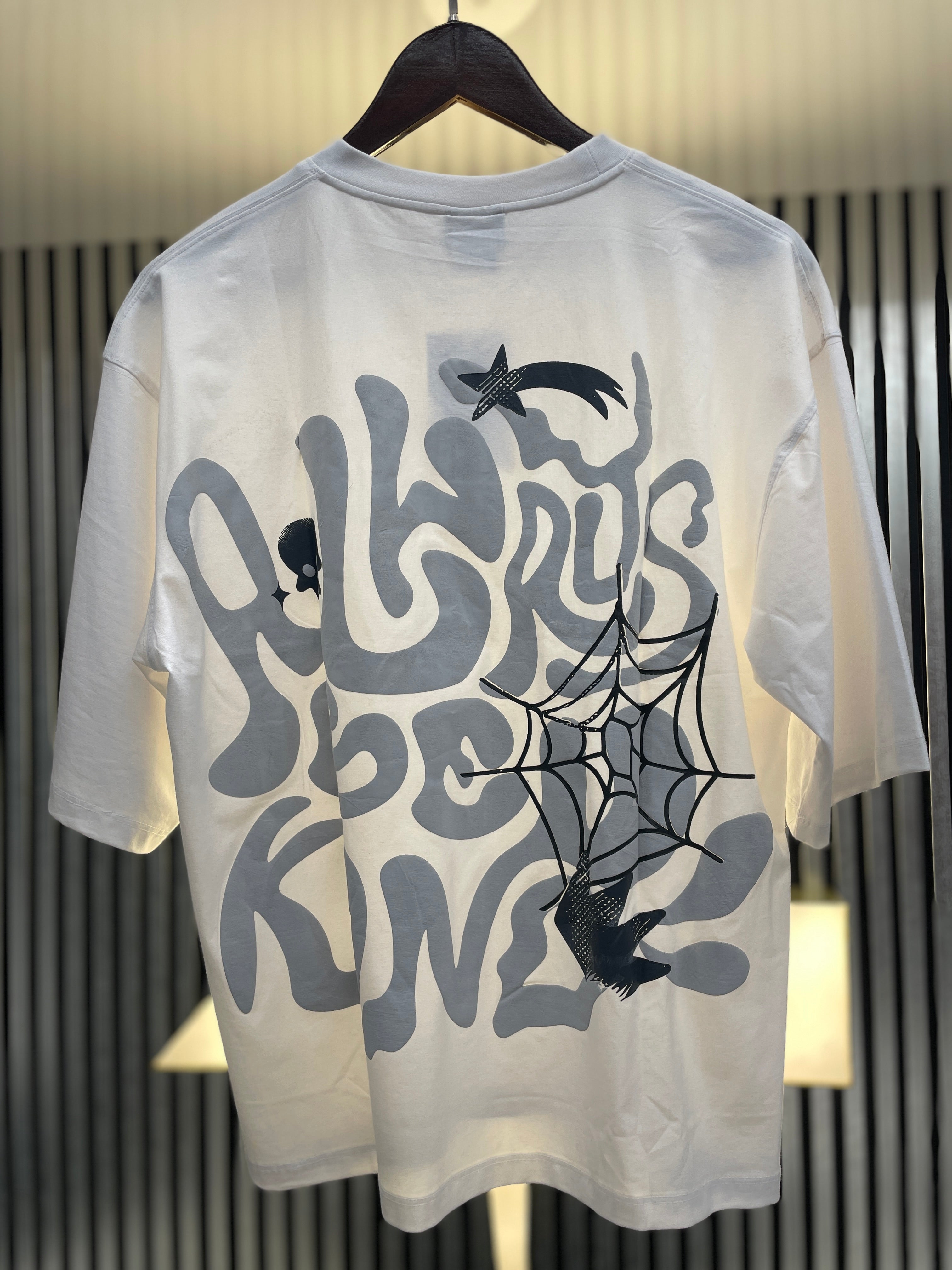 white printed drop shoulder t-shirt street style