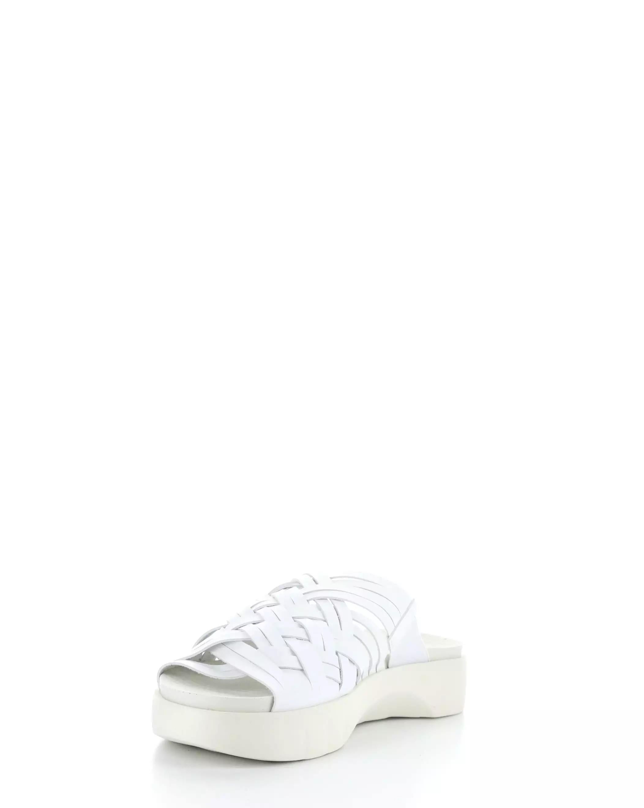 White slip-on sandals.