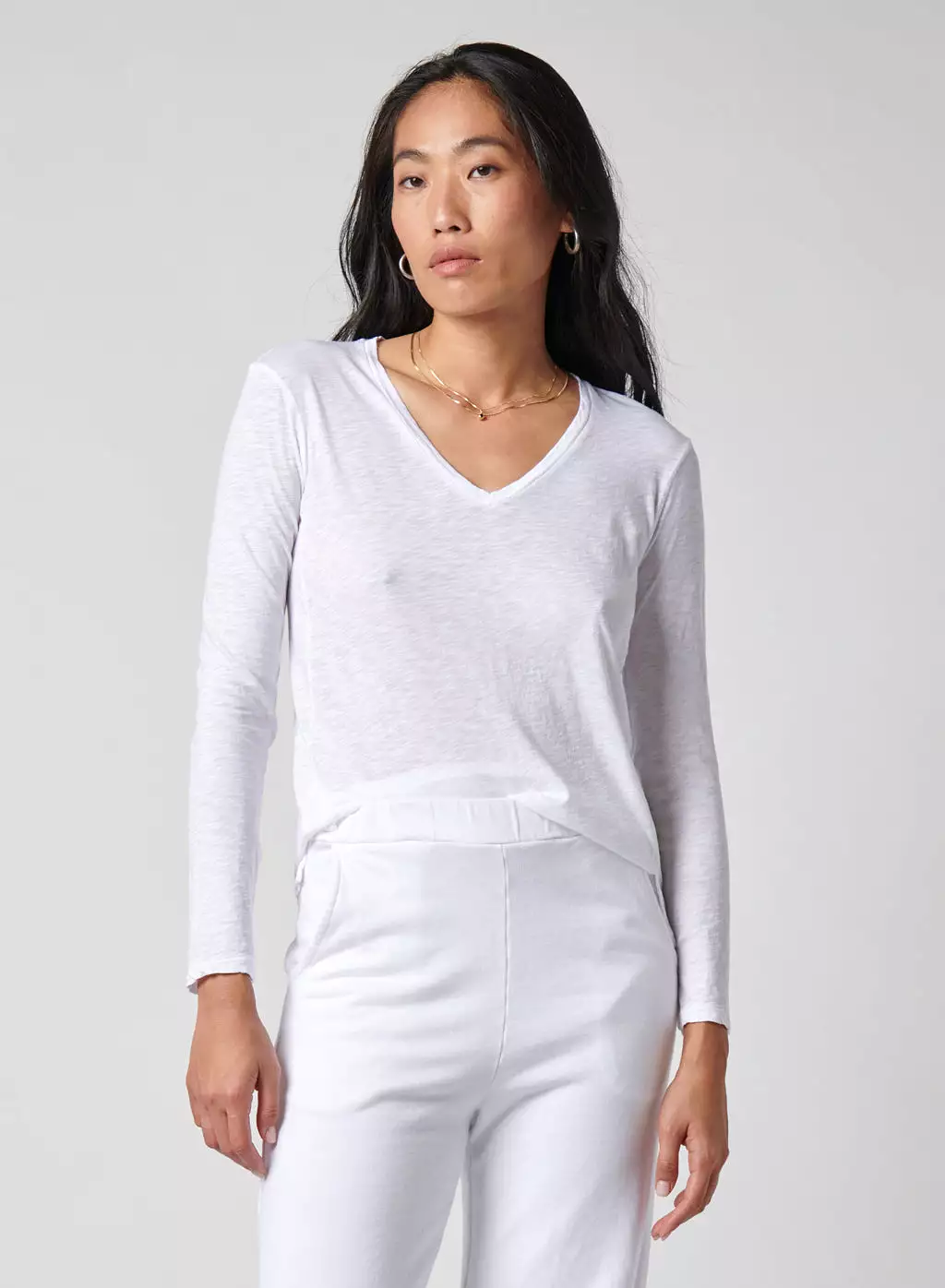 White Supima Slub Jersey V-Neck Long Sleeve T-Shirt