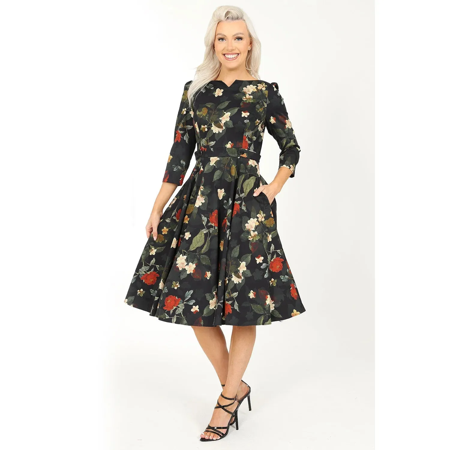 Winter Floral Print Swing Dress - 3/4 Sleeve, Belted, Pockets