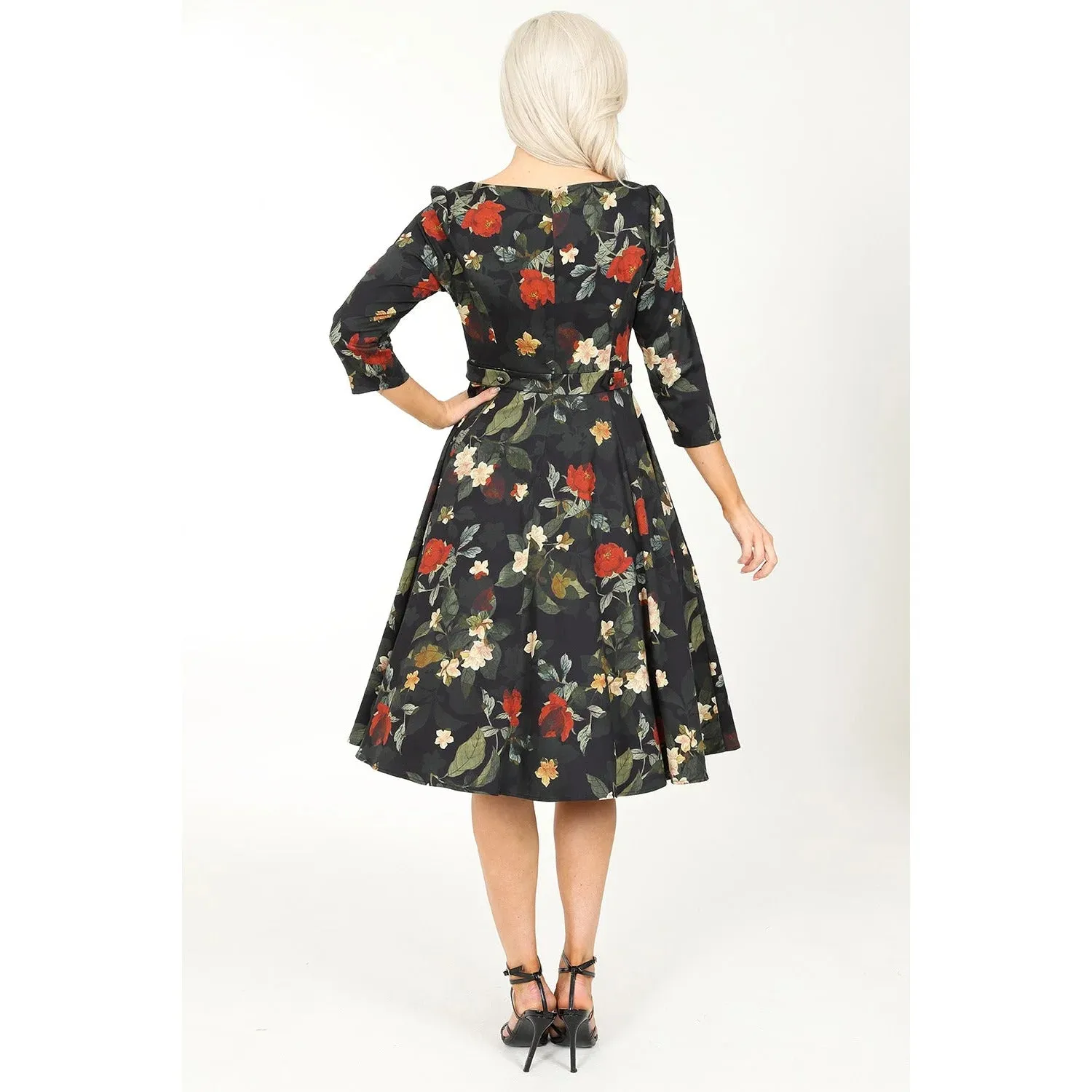 Winter Floral Print Swing Dress - 3/4 Sleeve, Belted, Pockets