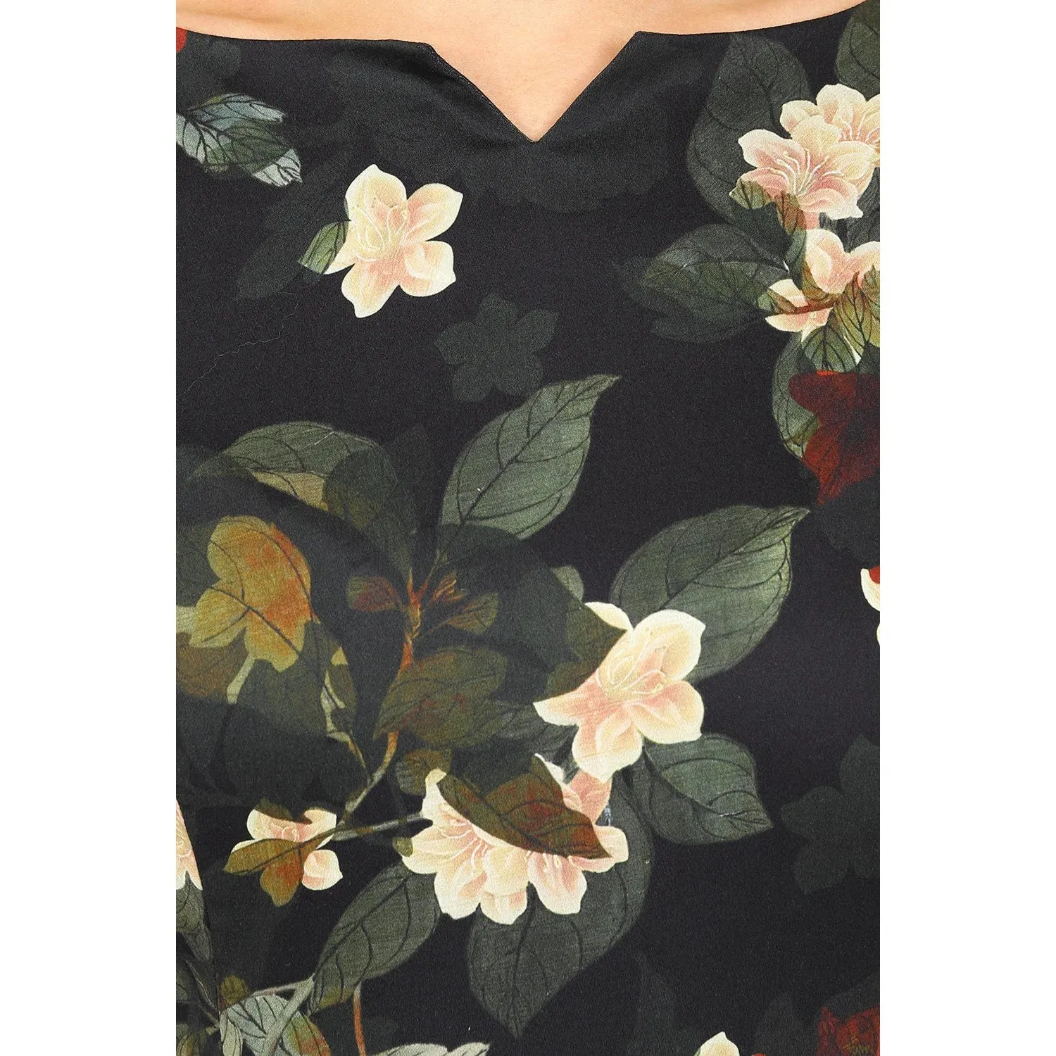 Winter Floral Print Swing Dress - 3/4 Sleeve, Belted, Pockets