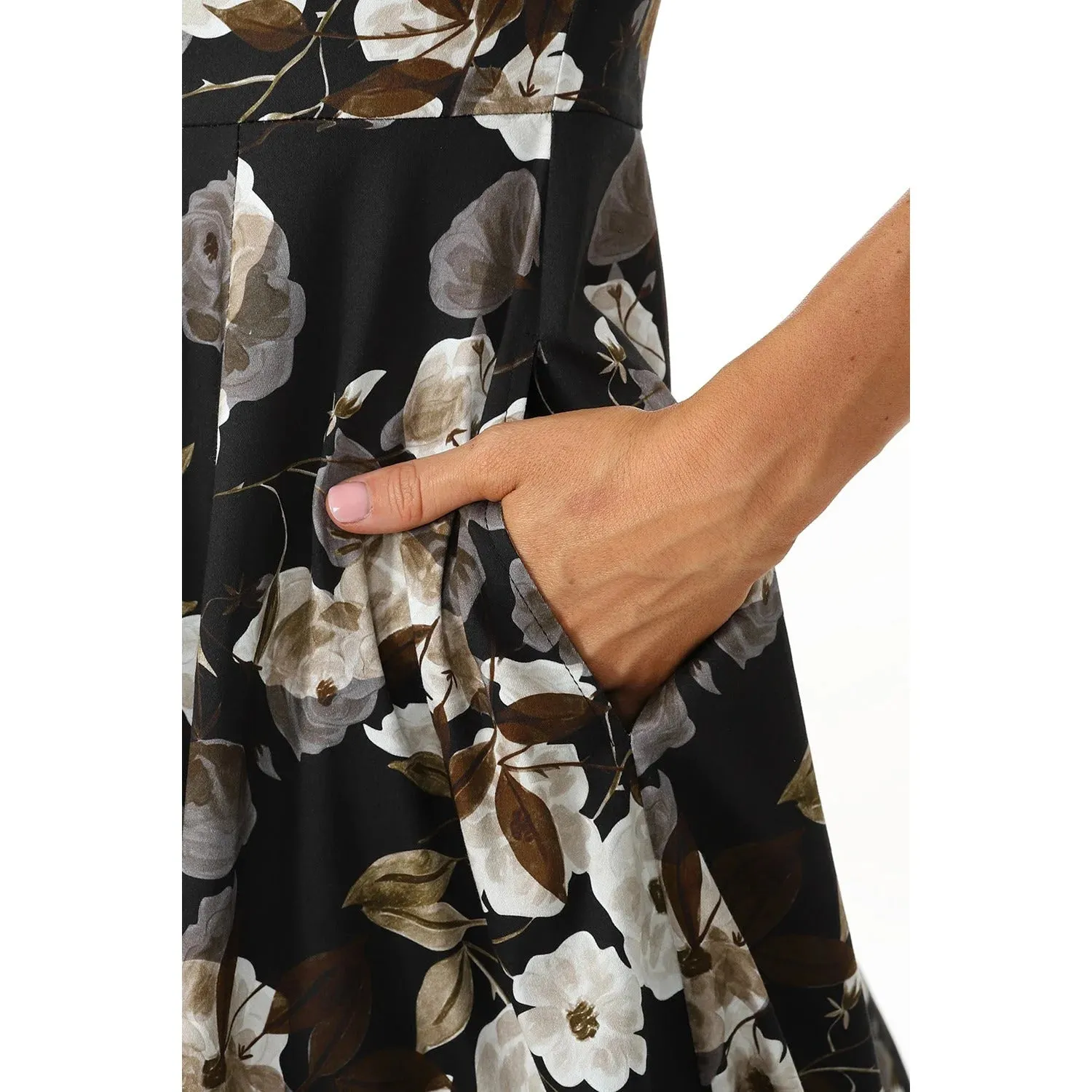 Winter Floral Print Swing Dress - 3/4 Sleeve, Belted, Pockets