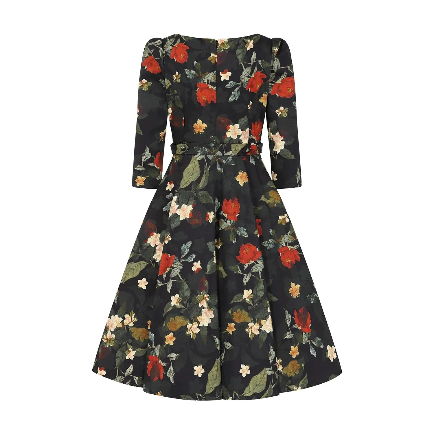 Winter Floral Print Swing Dress - 3/4 Sleeve, Belted, Pockets