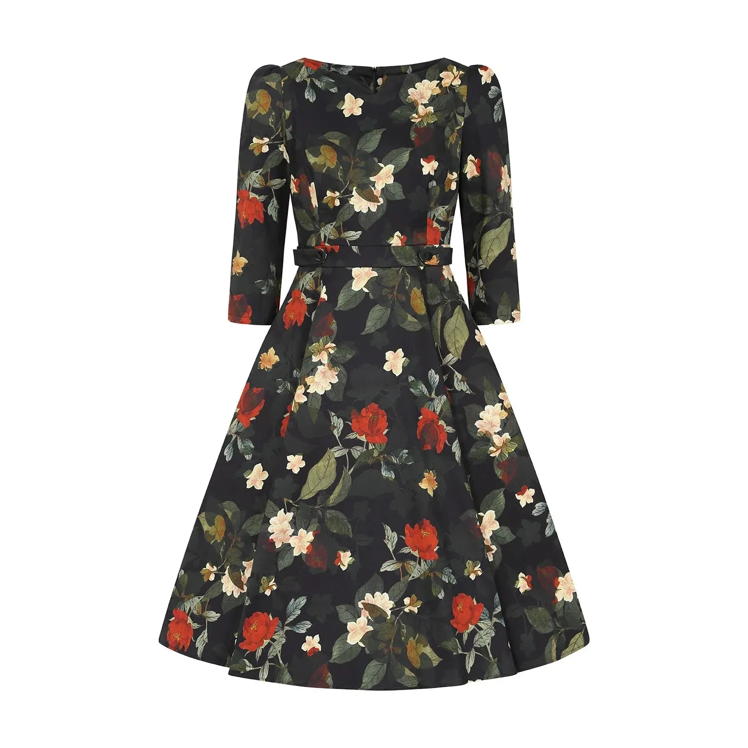 Winter Floral Print Swing Dress - 3/4 Sleeve, Belted, Pockets